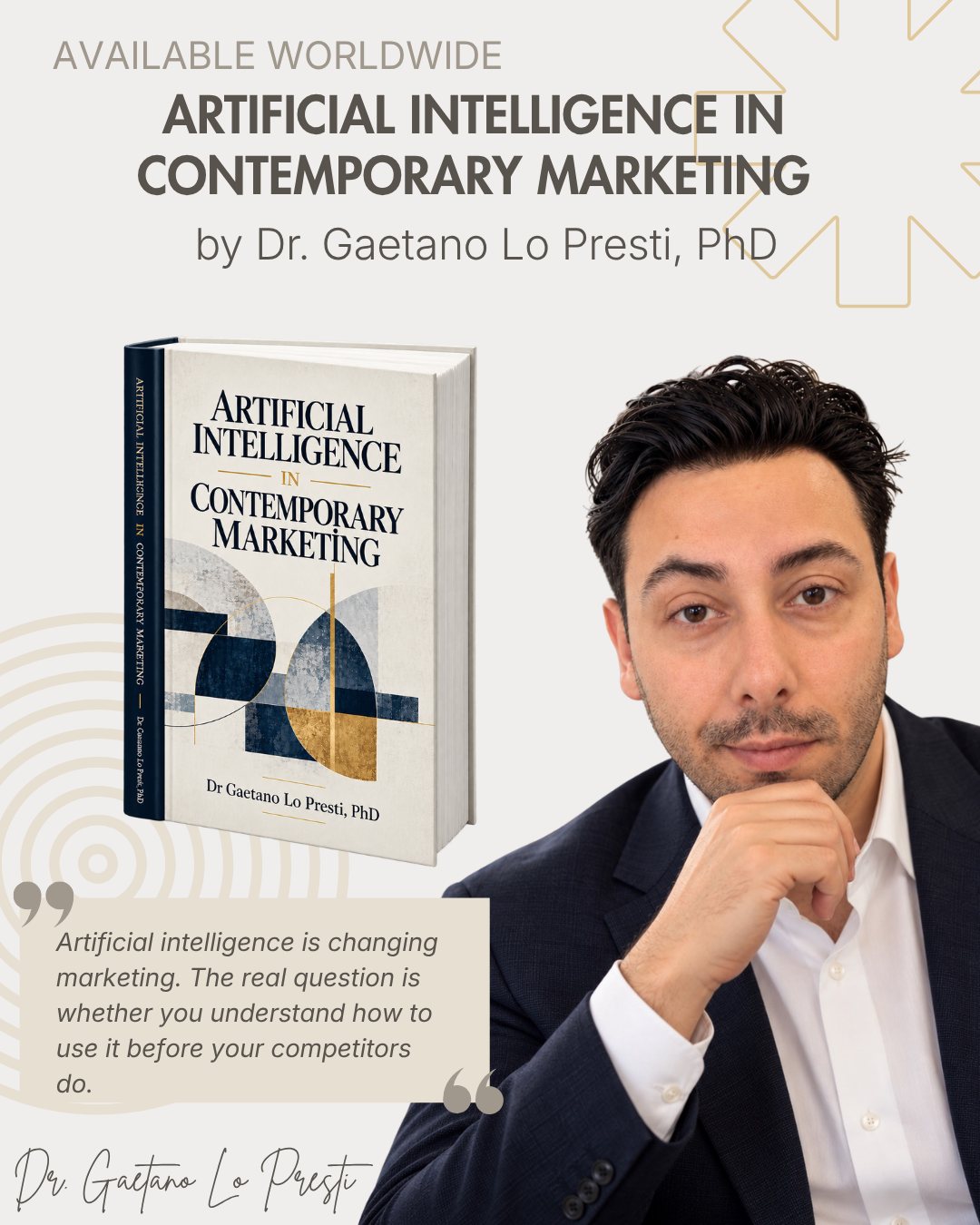 Gaetano Lo Presti junto a la portada de su libro Artificial Intelligence in Contemporary Marketing