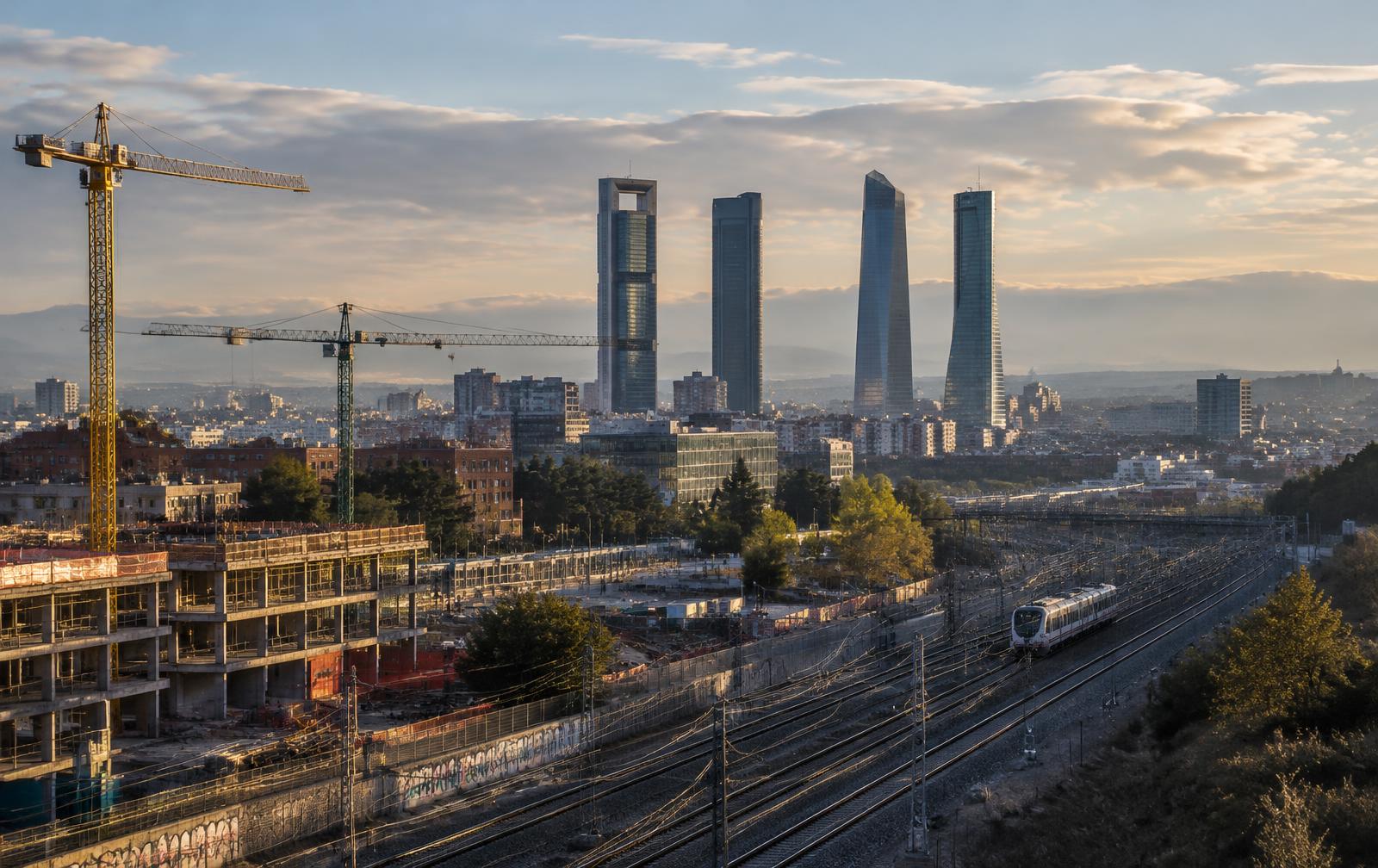 Horizonte del norte de Madrid con las Cuatro Torres, grúas y vías de tren en primer plano