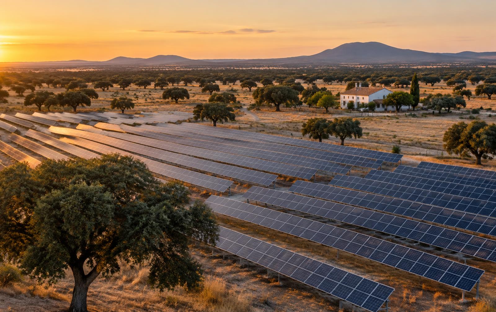 Planta fotovoltaica en una llanura con encinas y un cortijo al atardecer