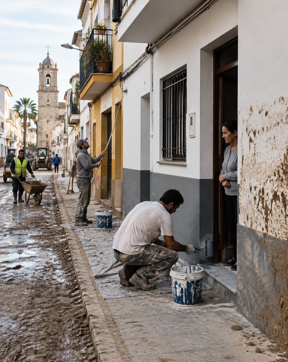 Vecinos y operarios pintan las fachadas de una calle de un municipio del sur de Valencia tras las inundaciones